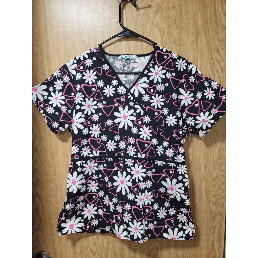Scrub Elements Floral Scrub Shirt Black, Pink & White V-Neck~Size M(?) See Desc.
